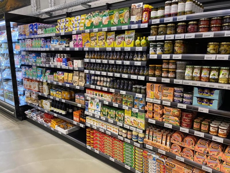 Italian packaged food selections on grocery shelves